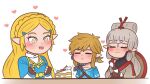  1boy 2girls blonde_hair blue_bodysuit blue_shirt blush bodysuit bodysuit_under_clothes cake cake_slice chibi eye_symbolf facial_mark food forehead_mark fruitcake grey_hair hat_on_back hyrule_warriors:_age_of_calamity impa link multiple_girls pointy_ears princess_zelda sheikah shirt smile sparkling_eyes the_legend_of_zelda the_legend_of_zelda:_breath_of_the_wild 