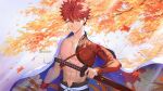  1boy autumn_leaves darkavey emiya_shirou fate/grand_order fate_(series) floral_print holding holding_sword holding_weapon igote katana leaf light limited/zero_over looking_at_viewer male_focus redhead sengo_muramasa_(fate) shirtless smile solo sword toned toned_male tree_branch upper_body weapon wristband yellow_eyes 