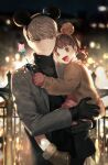  1boy 1girl absurdres animal_ears bangs black_gloves black_sweater blurry bokeh boots brown_eyes brown_footwear brown_hair brown_jacket btmr_game carrying child city_lights depth_of_field doujima_nanako dress fake_animal_ears gloves grey_eyes grey_jacket hair_bobbles hair_ornament hat highres jacket long_sleeves low_twintails mini_hat narukami_yuu night open_mouth outdoors persona persona_4 pink_dress pink_gloves short_twintails signature silver_hair smile star_(symbol) star_wand sweater turtleneck turtleneck_sweater twintails wand witch_hat 