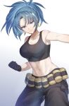  1girl absurdres bangs bare_shoulders black_gloves black_tank_top blue_eyes blue_hair breasts cargo_pants earrings gas_can gloves highres jewelry leona_heidern midriff navel nori_tarou pants ponytail shoulders solo tank_top the_king_of_fighters the_king_of_fighters_xiii triangle_earrings 