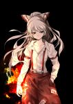  1girl absurdres armband bangs black_background bow closed_mouth collarbone collared_shirt commentary_request cowboy_shot expressionless eyebrows_visible_through_hair fire flat_chest floating_hair fujiwara_no_mokou hair_bow hand_in_pocket highres juliet_sleeves long_hair long_sleeves looking_down looking_to_the_side ofuda_on_clothes pants ponytail puffy_sleeves pyrokinesis red_bow red_pants shimoda_masaya shirt silver_hair simple_background solo standing suspenders touhou two-tone_bow very_long_hair white_bow white_shirt 