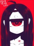  1girl ahoge closed_mouth completely_nude cyclops dated jitome long_hair looking_at_viewer monochrome muku-chan_(muroku) muroku_(aimichiyo0526) nude one-eyed original red_background red_theme signature simple_background solo upper_body x_x 