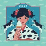  1girl 2021 animal animal_print bangs black_eyes black_hair chinese_zodiac cow_horns cow_print english_text flower food hair_flower hair_ornament highres holding holding_food horns ice_cream ice_cream_cone japanese_clothes kimono looking_at_viewer maroyaka_o2 original print_kimono red_flower short_hair solo tongue tongue_out twintails upper_body year_of_the_ox 