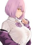  1girl bangs blush bow breasts collared_shirt glasses highres j@ck jacket large_breasts light_purple_hair long_sleeves looking_at_viewer off-shoulder_shirt off_shoulder purple_bow purple_jacket purple_neckwear shinjou_akane shirt short_hair simple_background smile ssss.gridman white_background white_shirt 