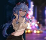  1girl black_pants blue_hair blurry blurry_background blush casual commentary_request earrings ganyu_(genshin_impact) genshin_impact hand_in_hair highres horns jewelry long_hair looking_at_viewer low_ponytail midriff navel night pants smile solo violet_eyes xiachujin 