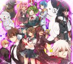  4girls 6+boys ahoge bandaged_arm bandages bangs beard black_neckwear black_skirt blue_hair blush brown_eyes brown_hair brown_jacket brown_scarf character_request collarbone commentary_request crossed_arms dangan_ronpa_(series) dangan_ronpa_3_(anime) dangan_ronpa_another_episode:_ultra_despair_girls facial_hair formal genocider_shou glasses green_eyes hair_between_eyes hair_ornament hairclip highres holding holding_megaphone jacket long_hair long_skirt long_tongue looking_at_viewer megaphone miyuzu monokuma multicolored multicolored_background multiple_boys multiple_girls naegi_komaru naegi_makoto neck_ribbon neckerchief necktie open_mouth pants pink_hair pleated_skirt red_ribbon ribbon sailor_collar scarf scissors shingetsu_nagisa shirt short_hair sitting skirt striped striped_pants sweatdrop togami_byakuya tongue twintails two-sided_fabric utsugi_kotoko white_jacket white_pants white_shirt 