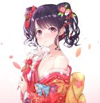  1girl bare_shoulders black_hair bunny_hair_ornament collarbone commentary_request double_bun fangs finger_to_mouth flat_chest flower from_side fukumaru_koito hair_flower hair_ornament hair_ribbon highres idolmaster idolmaster_shiny_colors japanese_clothes kimono looking_at_viewer off_shoulder red_kimono ribbon short_twintails skin_fangs sky_cappuccino solo twintails upper_body violet_eyes wavy_hair white_background 