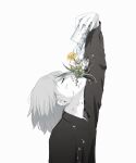  1boy avogado6 black_shirt closed_eyes collared_shirt colored_skin commentary_request cup drinking_glass flower flower_in_mouth flower_request from_side grey_hair highres holding holding_cup male_focus original shirt solo upper_body white_skin wing_collar yellow_flower 