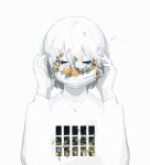  1boy adjusting_mask avogado6 colored_skin commentary_request grey_eyes hands_up jitome long_sleeves mask mouth_mask original shirt short_hair simple_background solo surgical_mask white_background white_hair white_shirt white_skin 