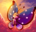  :d bug butterfly clouds cloudy_sky commentary creature english_commentary flying full_body gen_6_pokemon happy highres insect musicalcombusken no_humans open_mouth outdoors pokemon pokemon_(creature) sky smile solo twilight vivillon vivillon_(polar) 