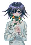  1boy bangs black_hair blush closed_mouth collarbone dangan_ronpa_(series) dangan_ronpa_v3:_killing_harmony double-breasted flower frown hair_between_eyes hands_clasped highres holding holding_flower long_sleeves looking_at_viewer male_focus multicolored_hair ouma_kokichi own_hands_together red_flower shiny shiny_hair short_hair simple_background smile solo straitjacket striped tei_(auntaso) upper_body white_background 
