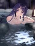  1boy arm_support bathing blush collarbone completely_nude fudou_yukimitsu hands_up head_tilt highres lantern leaning_to_the_side long_hair looking_at_viewer male_focus night nude onsen parapara parted_lips partially_submerged purple_hair shiny shiny_skin solo steam touken_ranbu violet_eyes wet 