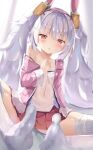  1girl :o animal_ears azur_lane bangs bare_shoulders blurry blurry_background blush camisole collarbone commentary_request covered_navel depth_of_field eyebrows_visible_through_hair fake_animal_ears feet fur-trimmed_jacket fur_trim hair_between_eyes hairband highres jacket laffey_(azur_lane) long_hair looking_at_viewer na!?_(naxtuyasai) no_shoes off_shoulder open_clothes open_jacket parted_lips pink_jacket pleated_skirt rabbit_ears red_eyes red_hairband red_skirt silver_hair skirt soles solo strap_slip thigh-highs twintails very_long_hair white_camisole white_legwear 