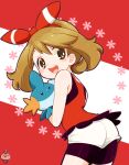  1girl ass bike_shorts brown_hair chorimokki gen_3_pokemon hair_ribbon holding long_hair looking_at_viewer may_(pokemon) mudkip open_mouth pokemon pokemon_(creature) pokemon_(game) pokemon_oras ribbon shorts smile torchic 