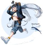  1girl arms_up bangs belt blue_headwear blue_pants brown_gloves fish flying_fish full_body gloves goggles goggles_on_head grey_hair highres jacket long_hair long_sleeves midriff open_clothes open_jacket open_mouth orange_eyes original pants print_shirt rinotuna shirt shoes smile solo standing suspenders twintails very_long_hair white_footwear white_shirt 