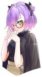  1girl 2ndeminence blush demon_girl glasses green_eyes hair_ornament hairclip hands_together highres hololive jacket looking_at_viewer nail_polish purple_hair short_hair solo tokoyami_towa turtleneck virtual_youtuber 