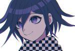  1boy bangs checkered checkered_scarf closed_mouth dangan_ronpa_(series) dangan_ronpa_v3:_killing_harmony face hair_between_eyes looking_to_the_side male_focus ouma_kokichi purple_hair scarf short_hair simple_background smile solo tei_(auntaso) unmoving_pattern violet_eyes white_background 