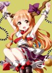  1girl arms_up bangs blunt_bangs brown_footwear chain clenched_hand cuffs eyebrows_visible_through_hair fang gourd green_background highres holding horn_ornament horn_ribbon horns ibuki_suika long_hair looking_to_the_side low-tied_long_hair metal_belt oni_horns open_mouth orange_eyes orange_hair outstretched_arms purple_ribbon purple_skirt pyramid red_neckwear red_ribbon ribbon ribbon-trimmed_skirt ribbon_trim ruu_(tksymkw) shackles shirt simple_background sitting skirt smile solo sphere torn_clothes torn_sleeves touhou very_long_hair white_legwear white_shirt wrist_cuffs 