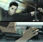  0109_(artist) 2boys aiming anachronism black_eyes black_hair blood bloody_clothes blurry blurry_background brown_eyes brown_hair ceiling close-up closed_mouth commentary_request facial_hair from_side golden_kamuy grey_shirt gun hair_slicked_back hair_strand holding holding_gun holding_weapon indoors long_sleeves looking_away male_focus military multiple_boys ogata_hyakunosuke rifle scar scar_on_cheek scar_on_face scar_on_nose scope shadow shirt short_hair sleeves_rolled_up smile sniper_rifle stubble sugimoto_saichi undercut upper_body watch watch weapon 