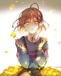  1other androgynous blue_sweater brown_hair cowboy_shot flower frisk_(undertale) grey_shorts looking_at_viewer parted_lips piyo_(ppotatto) shirt short_hair shorts sitting solo striped striped_sweater sweater undertale white_shirt yellow_eyes yellow_flower 