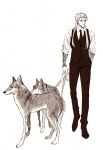  1boy 2others alternate_costume animal arm_tattoo bracelet closed_mouth collared_shirt cu_chulainn_(fate)_(all) cu_chulainn_(fate/grand_order) dog fate/grand_order fate_(series) formal full_body highres holding holding_leash jewelry leash long_hair looking_to_the_side male_focus moratori_amu multiple_others necktie pants red_eyes shirt simple_background sleeves_rolled_up tattoo type-moon vest walking white_background 