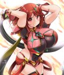  1girl breasts earrings gigantic_breasts gloves highres jewelry kurokaze_no_sora pyra_(xenoblade) red_eyes redhead short_hair shorts skindentation solo xenoblade_chronicles_(series) xenoblade_chronicles_2 