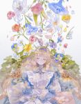  1girl absurdres alice_in_wonderland blonde_hair blue_dress blue_flower blue_hairband closed_eyes dress english_text flower hairband highres long_hair long_sleeves pink_flower purple_flower red_flower sakuraba_nao solo sparkle upper_body white_flower yellow_flower 