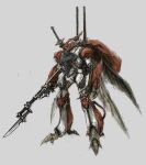  bayonet billbine grey_background gun highres holding holding_gun holding_weapon insect_wings mecha no_humans open_hand otsu_(outsunaruse) rifle seisenshi_dunbine sheath sheathed solo sword weapon wings yellow_eyes 