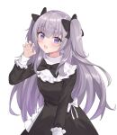  1girl black_bow black_dress blue_eyes bow dress eyebrows_visible_through_hair hair_bow highres indie_virtual_youtuber jolyne_crow long_hair long_sleeves looking_at_viewer open_mouth purple_hair shanoa_(vtuber) smile solo two_side_up violet_eyes virtual_youtuber white_background 