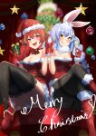  2girls :d abi_(abimel10) absurdres alcohol alternate_costume animal_ear_fluff animal_ears bangs bare_shoulders black_legwear blue_hair blurry blurry_background blush boots braid breasts carrot_hair_ornament champagne champagne_flute christmas christmas_tree commentary_request crossed_legs cup don-chan_(usada_pekora) drinking_glass eyebrows_visible_through_hair food_themed_hair_ornament fur_trim gift gloves hair_ornament hat heterochromia highres holding hololive houshou_marine large_breasts long_hair looking_at_viewer medium_breasts merry_christmas multicolored_hair multiple_girls open_mouth ornament panties panties_under_pantyhose pantyhose partial_commentary rabbit_ears red_eyes red_gloves red_legwear red_shirt redhead ribbon santa_costume santa_hat shirt sitting smile thick_eyebrows thigh-highs thighband_pantyhose thighs tongue tongue_out twin_braids twintails two-tone_hair underwear usada_pekora virtual_youtuber white_hair yellow_eyes 