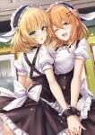  2girls :d animal_ears apron bangs blonde_hair blunt_bangs breasts eyebrows_visible_through_hair facing_away facing_viewer fleur_de_lapin_uniform frills gochuumon_wa_usagi_desu_ka? green_eyes hair_between_eyes hair_ornament hairband hairclip highres holding_hands hoto_cocoa kirima_sharo ks_(xephyrks) large_breasts long_hair looking_at_viewer maid_headdress multiple_girls one_eye_closed open_mouth orange_hair rabbit_ears shirt short_hair short_sleeves skirt small_breasts smile violet_eyes waitress wrist_cuffs 