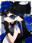  +_+ 1girl alternate_eye_color alternate_headwear bangs black_dress black_gloves black_hair blue_eyes blue_flower blue_hair blue_rose blue_theme callie_(splatoon) domino_mask dress earrings flower formal gloves gradient_hair hair_flower hair_ornament halterneck hand_on_own_chin highres jewelry long_hair mask mole mole_under_eye multicolored_hair nomu pointy_ears rose sleeveless sleeveless_dress solo sparkle splatoon_(series) swept_bangs tentacle_hair upper_body very_long_hair 