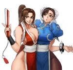  2girls bangs bare_legs bare_shoulders black_hair bracelet breast_press breasts brown_eyes brown_hair carcass_(artist) china_dress chinese_clothes chun-li double_bun dress earrings fan fatal_fury holding holding_fan japanese_clothes jewelry large_breasts long_hair multiple_girls ninja no_bra open_mouth pantyhose pelvic_curtain ponytail rope sash shiranui_mai sideboob smile spiked_bracelet spikes street_fighter the_king_of_fighters thighs tied_hair white_sash 