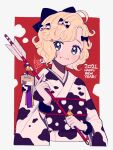 1girl 2021 animal_print arrow_(projectile) black_bow blonde_hair blue_eyes blush bow chinese_zodiac cow_print english_text gloves hair_bow happy_new_year highres holding holding_arrow japanese_clothes kimono kisaragi_yuu_(fallen_sky) long_sleeves looking_at_viewer new_year obi original parted_lips print_bow print_kimono sash short_hair signature smile solo upper_body white_gloves year_of_the_ox 