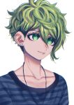  1boy amami_rantarou bangs closed_mouth collarbone commentary_request dangan_ronpa_(series) dangan_ronpa_v3:_killing_harmony ear_piercing earrings green_eyes green_hair hair_between_eyes highres jewelry male_focus messy_hair necklace piercing portrait shirt short_hair simple_background smile solo striped striped_shirt tei_(auntaso) upper_body white_background 