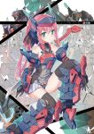  1girl aqua_eyes bangs blue_eyes blush comiket_94 cover cover_page doujin_cover eyebrows_visible_through_hair flat_chest frame_arms frame_arms_girl green_eyes hair_between_eyes horns kuramochi_kyouryuu looking_at_viewer mecha mecha_musume personification pink_hair ponytail science_fiction single_horn sitting thigh-highs vulture_(frame_arms) wyvern_(frame_arms) 