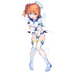  1girl arm_grab bangs between_legs blue_eyes boots dennou_tenshi_jibril eyebrows_visible_through_hair full_body halo hand_between_legs knees_together_feet_apart kuuchuu_yousai medium_hair official_art open_mouth orange_hair short_sleeves solo swimsuit thigh-highs thigh_boots thigh_strap torn_clothes transparent_background white_swimsuit 