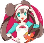  1girl blue_eyes breasts brown_hair chorimokki double_bun gen_5_pokemon hat long_hair open_mouth pokemon pokemon_(creature) pokemon_(game) pokemon_bw2 raglan_sleeves rosa_(pokemon) smile tepig twintails visor_cap 