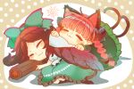  2girls animal_ears bangs black_bow black_wings blush bow braid brown_hair cape cat_ears cat_tail closed_eyes commentary_request control_rod dress extra_ears feathered_wings frilled_skirt frills green_bow green_dress green_skirt hair_bow highres htk_mikan kaenbyou_rin long_hair long_sleeves lying multiple_girls multiple_tails on_side pointy_ears polka_dot polka_dot_background redhead reiuji_utsuho shirt short_sleeves signature skirt smile sun_(symbol) tail touhou twin_braids two_tails white_cape white_shirt wings 