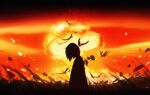  1other ambiguous_gender backlighting commentary_request dark explosion flower from_side highres original outdoors red_sky red_theme scenery short_hair signature silhouette sky skyrick9413 solo 