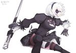  1girl absurdres akawoud black_blindfold black_dress black_hairband blindfold blue_eyes boots cleavage_cutout clothing_cutout dress feather-trimmed_sleeves fighting_stance hairband high_heel_boots high_heels highres holding holding_sword holding_weapon juliet_sleeves katana long_sleeves nier_(series) nier_automata no_blindfold pink_lips puffy_sleeves reverse_grip signature silver_hair simple_background solo sword thigh-highs thigh_boots thighhighs_under_boots thighs twitter_username two-sided_fabric two-sided_skirt weapon white_background yorha_no._2_type_b 