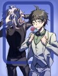  2boys absurdres adjusting_clothes ahoge black_bow black_jacket blue_background bow bowtie brown_hair collared_shirt cowboy_shot dangan_ronpa_(series) dangan_ronpa_2:_goodbye_despair flower framed from_behind gradient gradient_background green_shirt grey_pants hair_tie highres hinata_hajime jacket komaeda_nagito long_sleeves male_focus mouth_hold multiple_boys official_alternate_costume pants pink_flower pink_rose rose shirt short_hair solo_focus standing tying_hair vest white_jacket white_vest ziling 