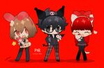  1girl 2boys absurdres akechi_gorou amamiya_ren animal_ears bag bangs black_hair black_jacket blunt_bangs bow brown_hair brown_jacket btmr_game bunny_tail cat_tail character_doll chibi closed_eyes closed_mouth copyright_name fake_animal_ears flower glasses hair_between_eyes hair_bow hair_flower hair_ornament hand_in_pocket heart hello_kitty hello_kitty_(character) highres holding jacket kuromi long_hair long_sleeves male_focus multiple_boys my_melody onegai_my_melody open_mouth pants persona persona_5 persona_5_the_royal plaid plaid_pants plaid_skirt ponytail red_background red_eyes redhead sanrio school_uniform shoulder_bag shuujin_academy_uniform signature simple_background skirt star_(symbol) stuffed_toy tail yoshizawa_kasumi 