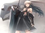  1girl absurdres android bare_shoulders black_dress black_gloves blurry blurry_background dress facial_mark fingerless_gloves gloves greatsword grey_eyes grey_hair hair_between_eyes highres holding holding_sword holding_weapon long_hair mecha original parted_lips savuxan science_fiction solo standing sword weapon 