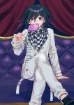  1boy arm_support bangs black_hair buttons candy checkered checkered_neckwear checkered_scarf commentary_request couch crossed_legs curtains dangan_ronpa_(series) dangan_ronpa_v3:_killing_harmony feet_out_of_frame food hair_between_eyes hand_up highres holding jacket lollipop long_sleeves looking_at_viewer male_focus multicolored_hair on_couch open_mouth ouma_kokichi pants purple_hair scarf shiny shiny_hair shirt sitting solo straitjacket tei_(auntaso) white_jacket white_pants 