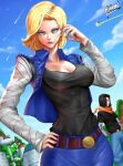 1boy 1girl android_17 android_18 belt black_shirt blonde_hair blue_eyes blue_pants blue_skirt blue_sky blue_vest breasts building clouds cloudy_sky dragon_ball dragon_ball_z hibren highres large_breasts long_sleeves outdoors pants shirt shirt_tucked_in short_hair short_over_long_sleeves short_sleeves signature skirt sky solo_focus vest 