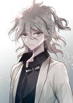 1boy artist_name bangs black_bow black_shirt bow closed_mouth collared_shirt commentary_request dangan_ronpa_(series) dangan_ronpa_2:_goodbye_despair dress_shirt gradient gradient_background grey_background grey_eyes grey_hair jacket komaeda_nagito looking_at_viewer male_focus medium_hair official_alternate_costume open_clothes open_jacket shirt smile solo two-tone_bow upper_body white_bow white_hair white_jacket z-epto_(chat-noir86) 