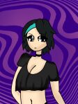  1girl aqua_hair belly belly_button black_choker black_eyes black_hair black_panties black_shirt black_thong black_underwear blue_hair breasts choker crop_top disappointed dyed_hair emotionless eyebrows_visible_through_hair hair looking_down loose_clothes loose_shirt oc original original_character pink_background purple_background shiny_eyes short_hair simple_background simple_shading slim thin_waist thyliq 