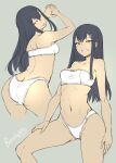  1girl ;p ass back black_hair bosshi bra breasts grey_background grin hair_ornament highres long_hair looking_at_viewer multiple_views navel one_eye_closed original panties red_eyes simple_background sketch smile tongue tongue_out underwear underwear_only white_bra white_panties 