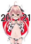  1girl 2021 ahoge animal_ears animal_print bikini black-framed_eyewear circle commentary_request cow_ears cow_horns cow_print double_bun double_v elbow_gloves embarrassed fake_animal_ears fake_horns fingerless_gloves flat_chest glasses gloves highres horns kantai_collection kurona makigumo_(kantai_collection) navel new_year o-ring o-ring_bikini o-ring_top pink_hair semi-rimless_eyewear side-tie_bikini solo standing swimsuit thigh-highs twintails under-rim_eyewear v white_bikini white_gloves 